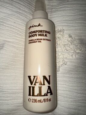 PINK Victoria's Secret Vanilla Comforting Body Milk - White with Rose Gold Text